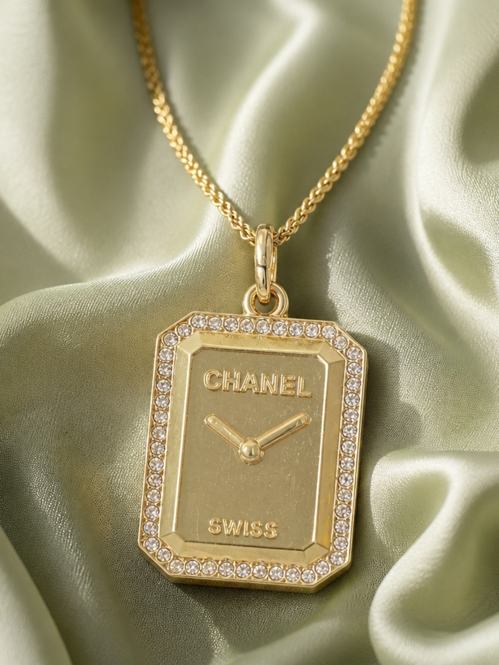 Upcycled CCGold Tone Rectangular Crystal Pendant Necklace - Gold
